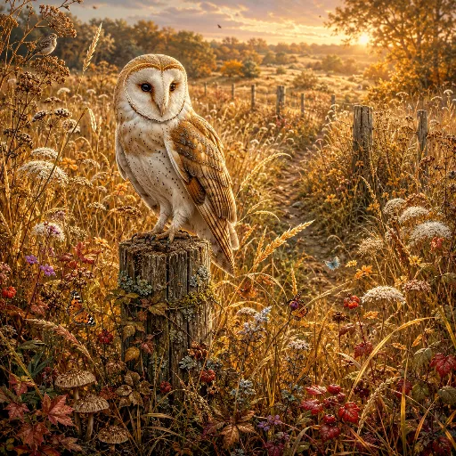 Barn owl perched above a golden meadow in warm evening light.