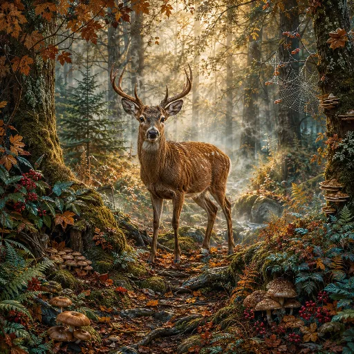 Deer standing in a misty woodland surrounded by trees, ferns, and soft morning light.